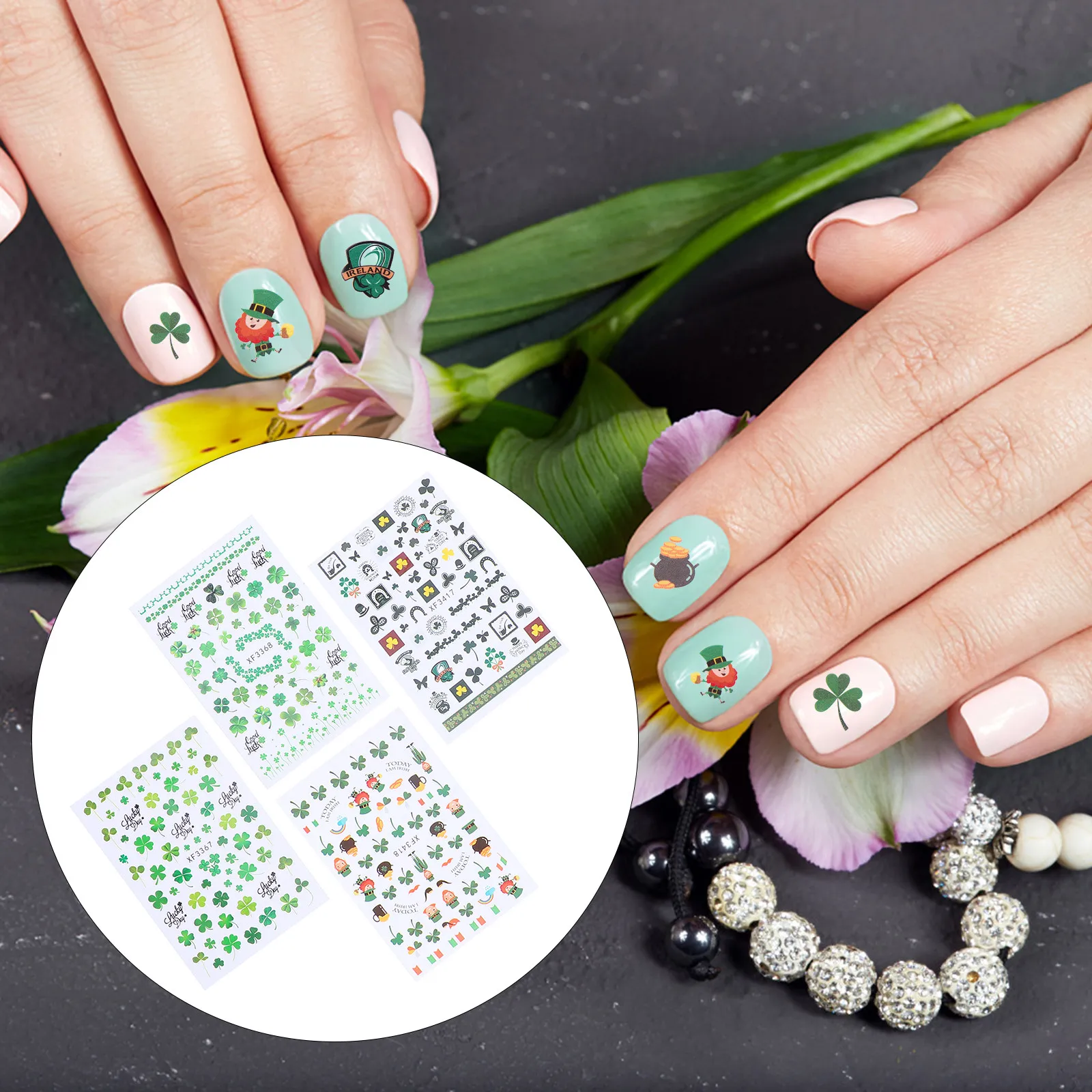 

8 Sheets Nail Stickers Decals Irish Shamrock Art Decor St Patrick Day Party Manicure Accessories PVC DIY Self Adhesive Easy Use
