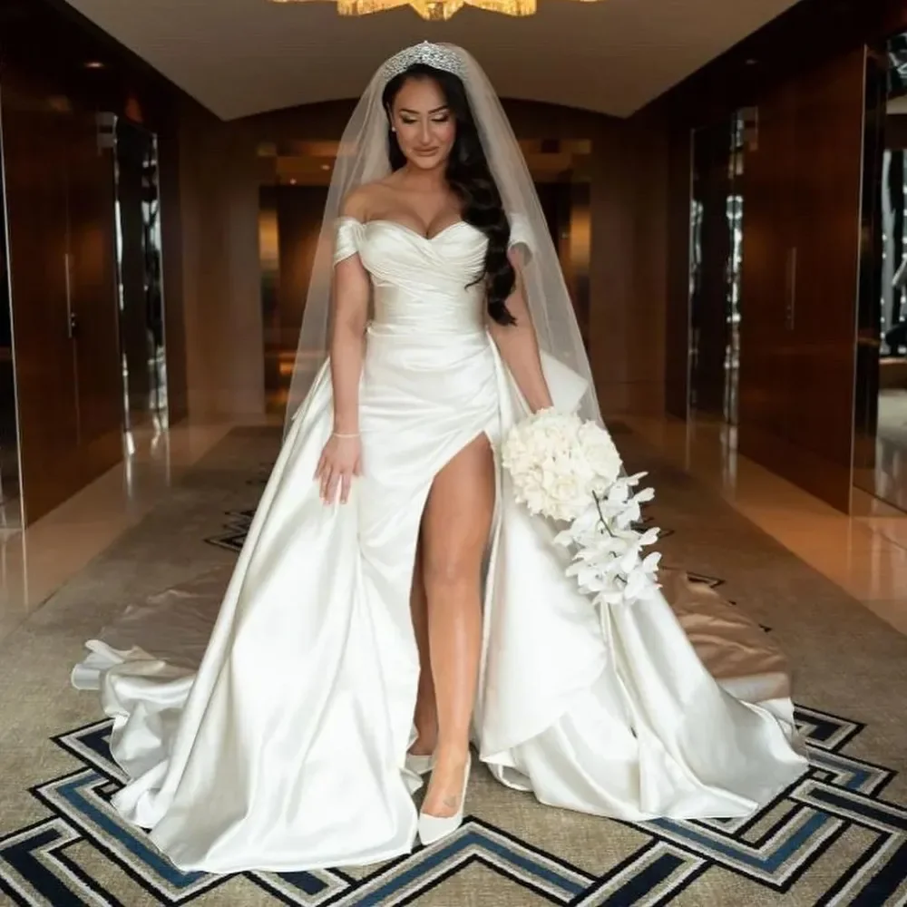 Customized  Off the Shoulder Satin Pleats  Wedding Dress with Removable Skirt Vestidos Noivas Sexy High Split  Bridal Gown