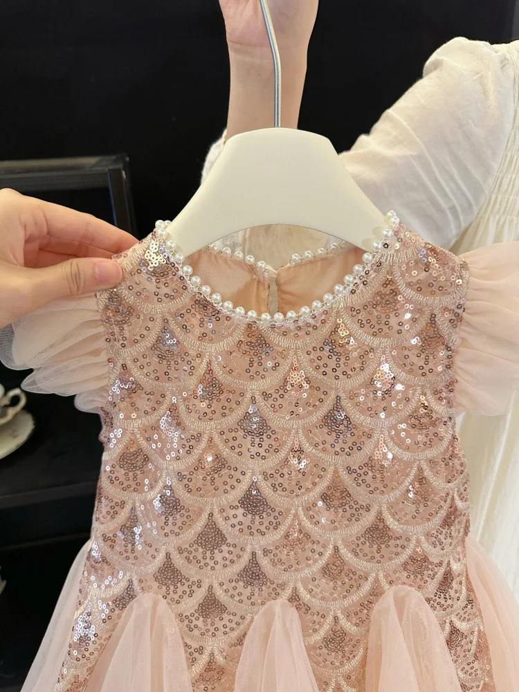 New Summer Kids Girl Party Dresses Children's Elegant Mesh Flare Sleeves Sequined Tank Top Round Collar Princess Skirt 2-8Y