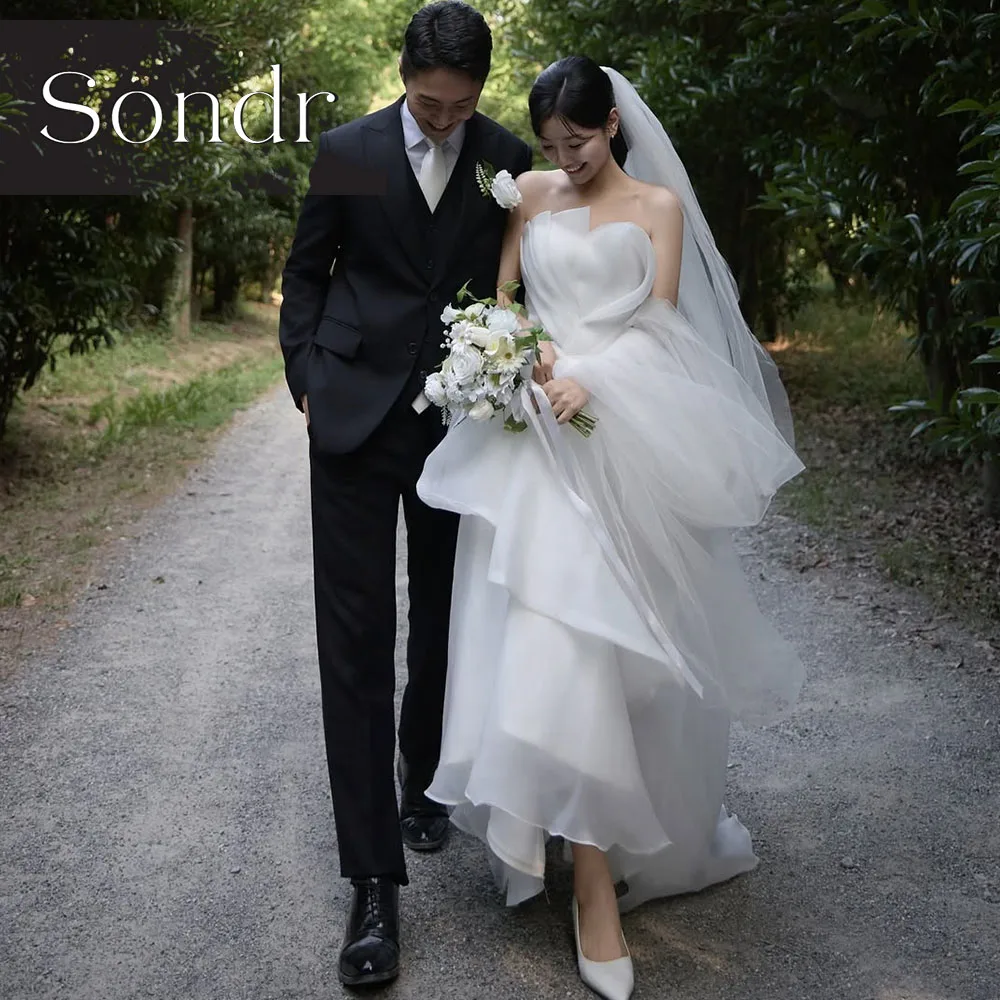 

Sondr Customized Korean Wedding Dresses Strapless Silk Organza A Line Outdoor Photo Shoot Gown for Bride Self-Wedding Party Gown