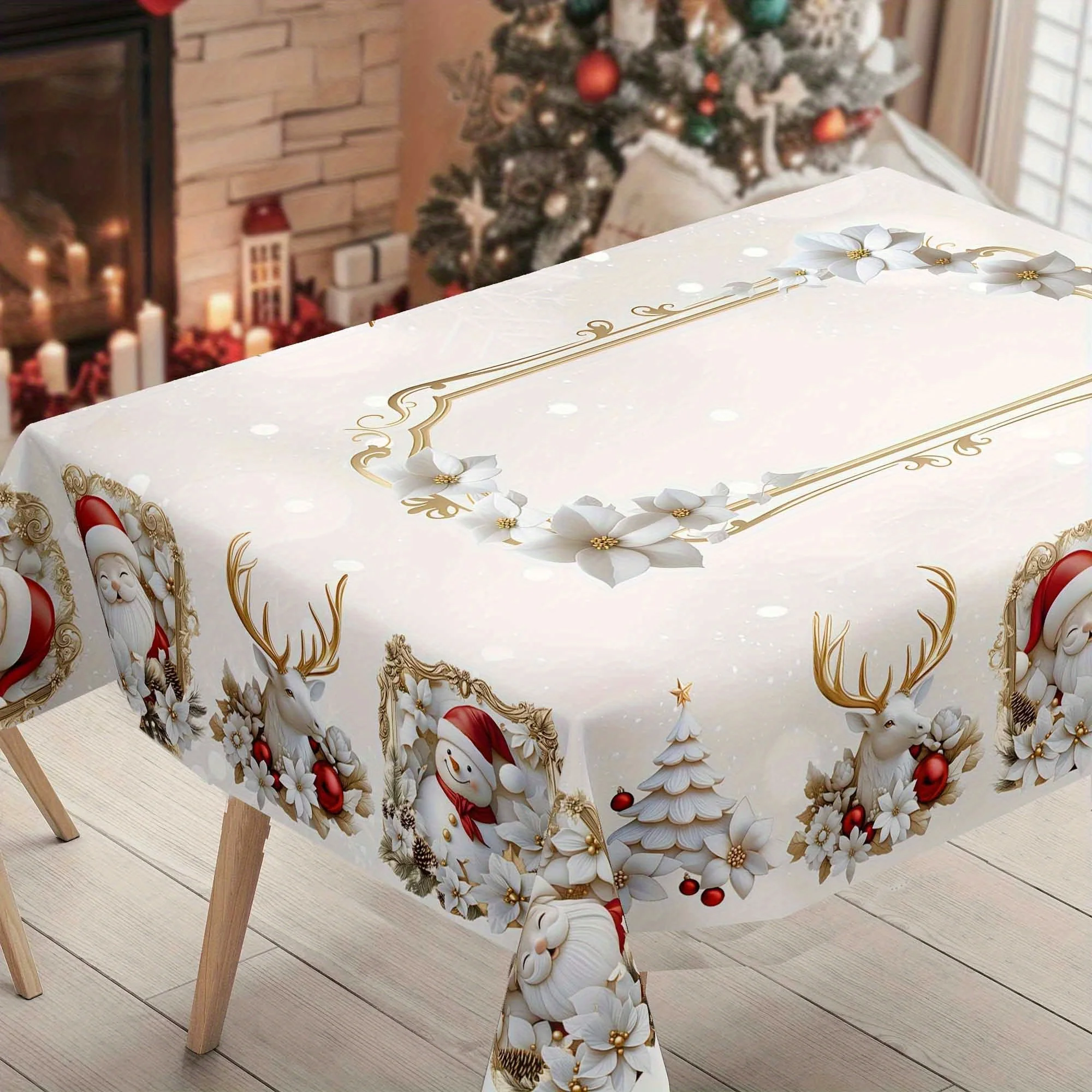 1pc  Christmas Vintage Tablecloth Gold White Poinsettia Santa Snowman Reindeer Xmas Decorative Table Cover Holiday Party Dining