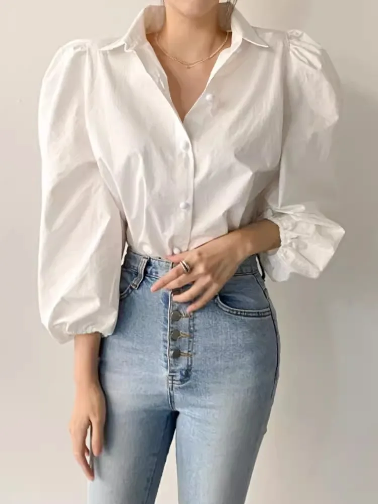 Chic Spring Faion Lightweight Bubble Sve Turn-down Collar Versatile Single-button Women's irt Commute Sle Pure Color