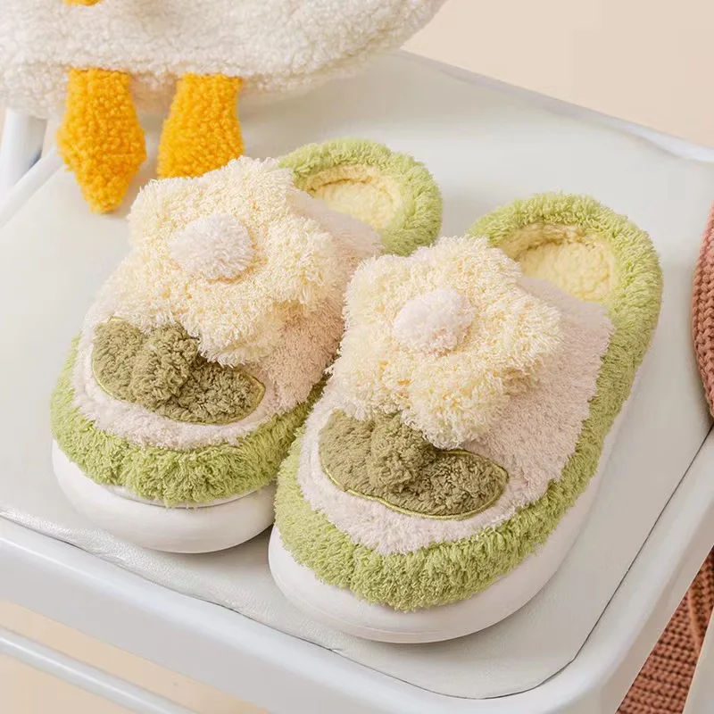 Winter Women's Lovely Flowers Thick Sole Plush Slippers Warm Indoor Fluffy Slippers Women's Footwear Men's Slippers House Slides