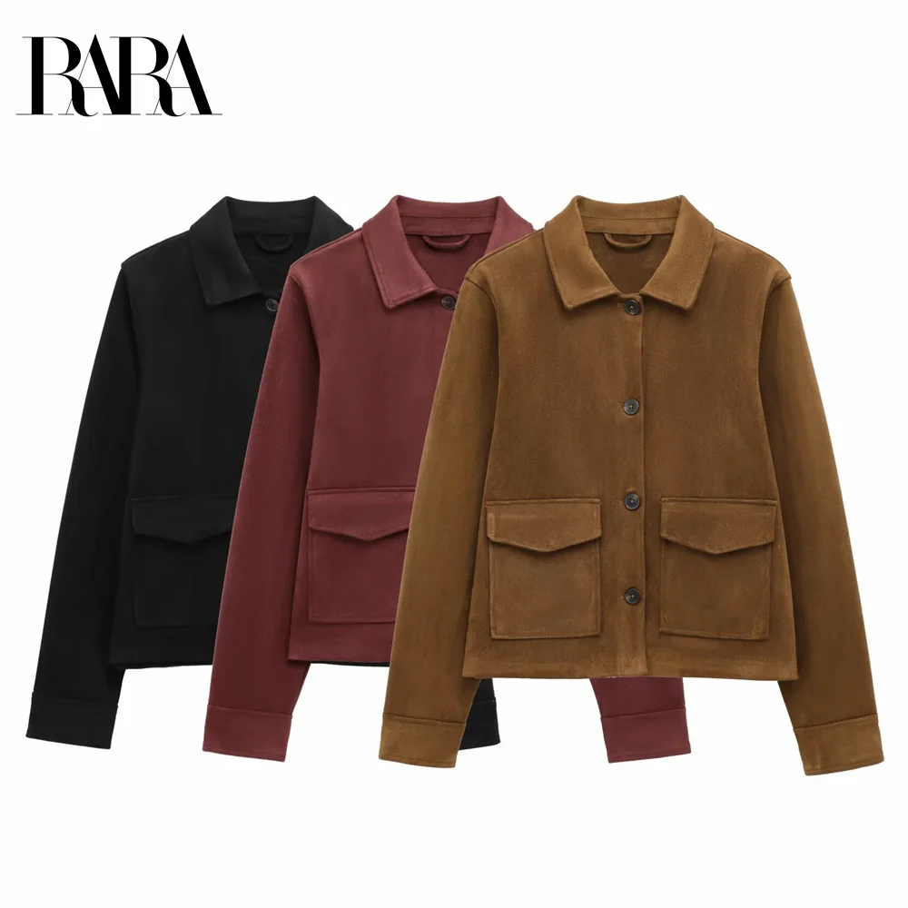 2025 RARA Spring New Women's Casual Simple Lapel Long Sleeve Suede Texture Effect Jacket Pocket Decoration