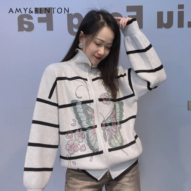 

Уникальный дизайн, кардиган на молнии с двойной головкой и стразами, свободный полосатый свитер с воротником-стойкой, вязаная куртка, осенне-зимний женский топ