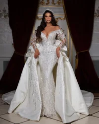 Vestidos de novia elegantes de lentejuelas con cuentas y hombros descubiertos, vestidos de novia de lujo con tren desmontable, tren de corte de cristal de moda