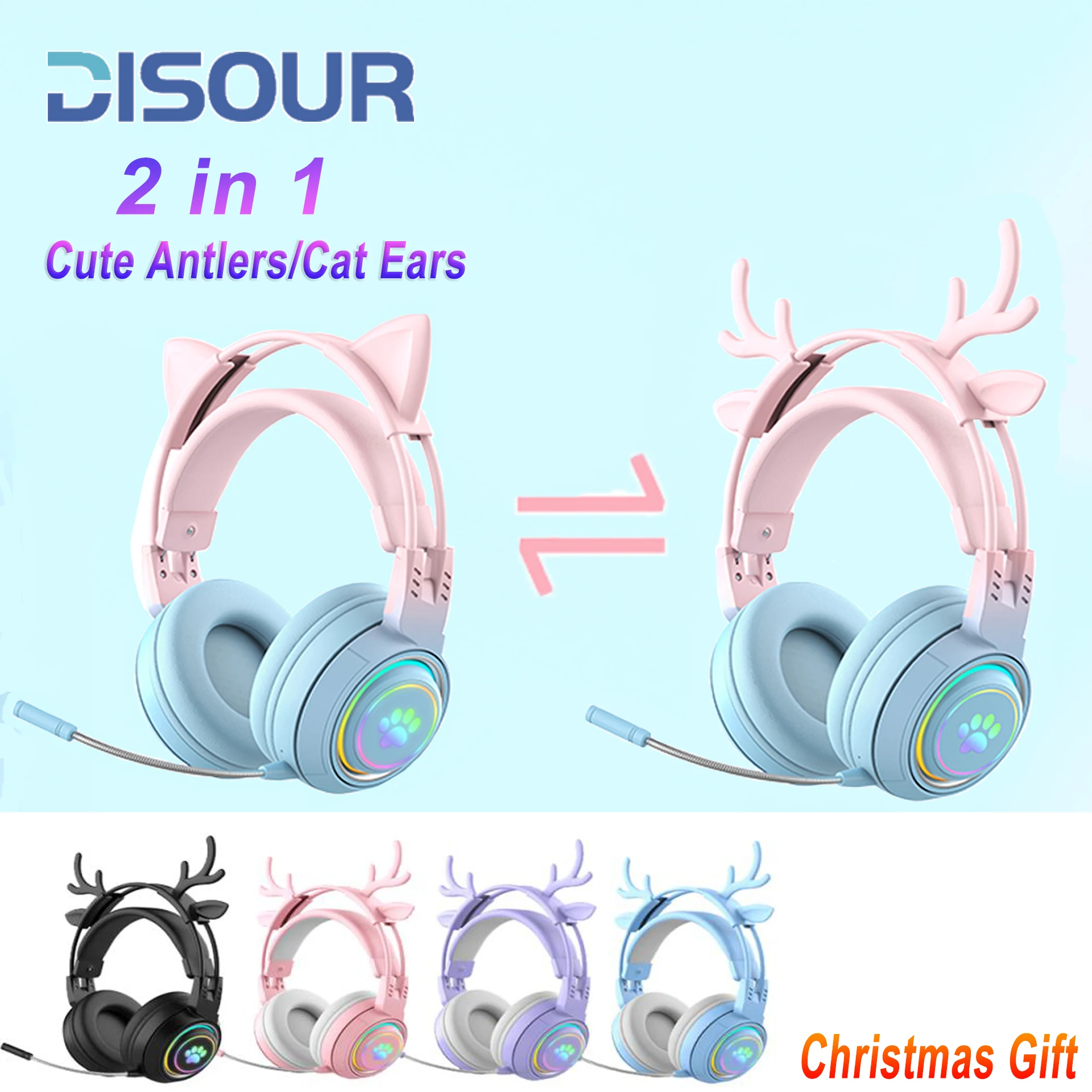 2 in 1 Cute Antlers/Cat Ears Wireless Bluetooth Headphones Gamer 3.5mm Headset Gaming Headphones Christmas Gift for Kids Girls