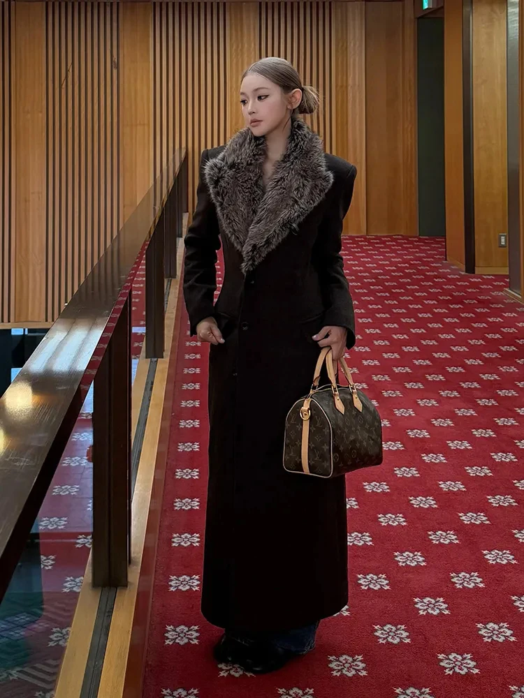 

Ele Long Woolen Coat Women's Winter 2025 New Waist-Cinching Slimming Fur Collar Jaet French Sle Daily Warmth Polyeste...