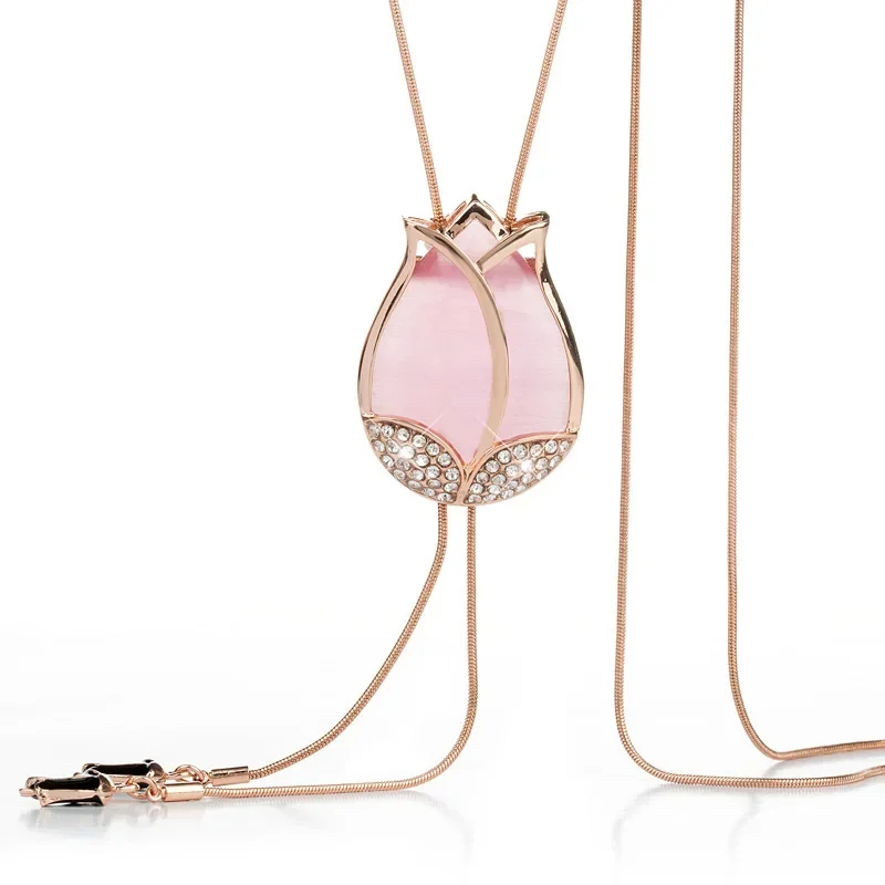

Cat's eye stone tulip pendant, tassel fashion accessory pendant, sweater chain women's autumn and winter long necklace