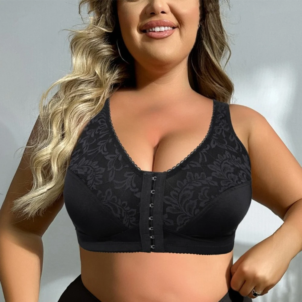 Front Closure Plus Size Bra Lace Wire-free Full Cup Size Unlined Minimize Minimalist Leisure Bra Women's 85D-110D