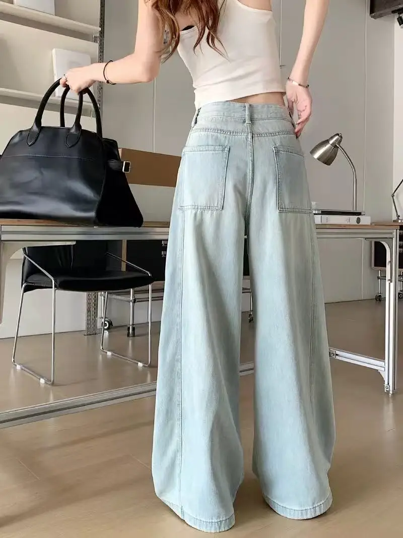 NUOMICI Light Blue Mid-low Waist Jeans Women's Loose Casual Straight Trousers Street Simple Chic Basic Female Pants