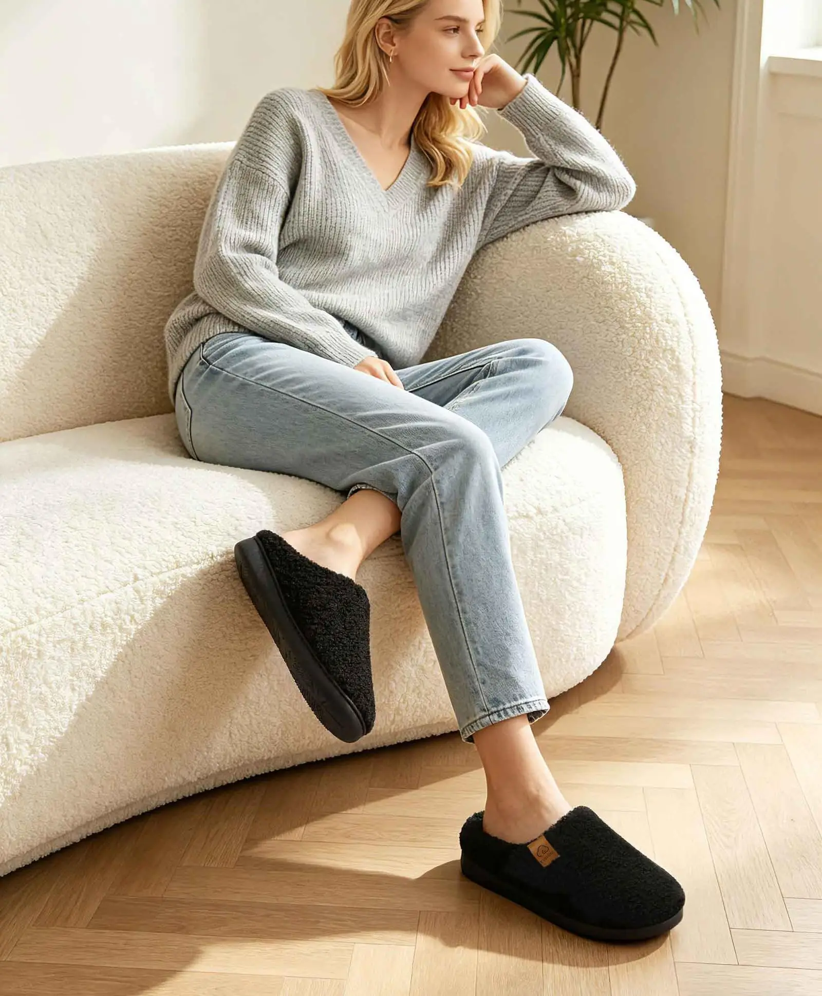 Shevalues Kurze Plüsch-Winterhausschuhe für Damen, lockere Fleece-Hausschuhe, wolkenähnliche Memory-Schaum-Slides, Fellfutter, warme Hausschuhe – Detail 12