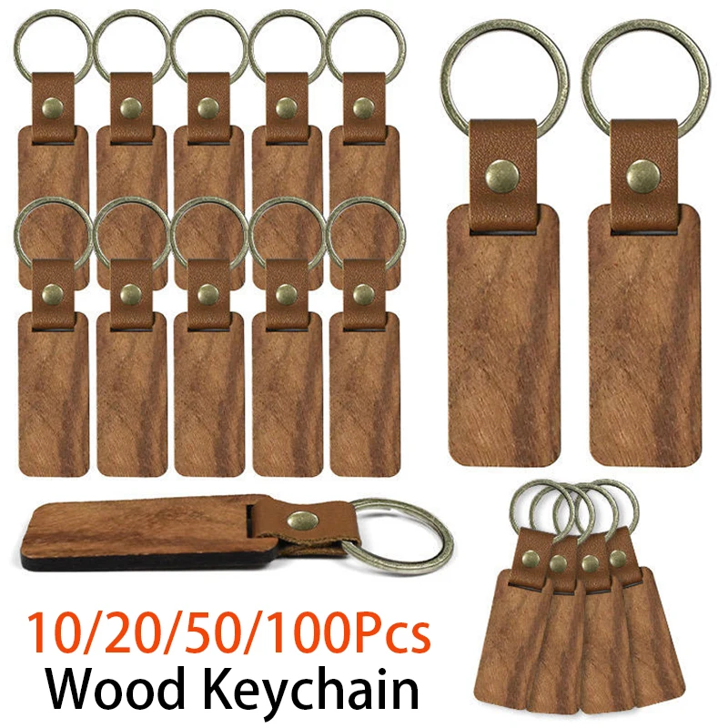 

10-100Pcs DIY Souvenir Keyring Leather Blank Wooden Key Chains Keychain