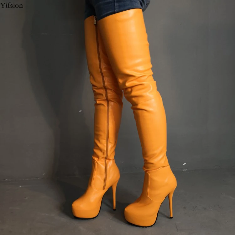 

Olomm Hot Women Platform Thigh High Boots Sexy Stiletto High Heels Boots Round Toe Orange Dress Shoes Women Plus US Size 5-15
