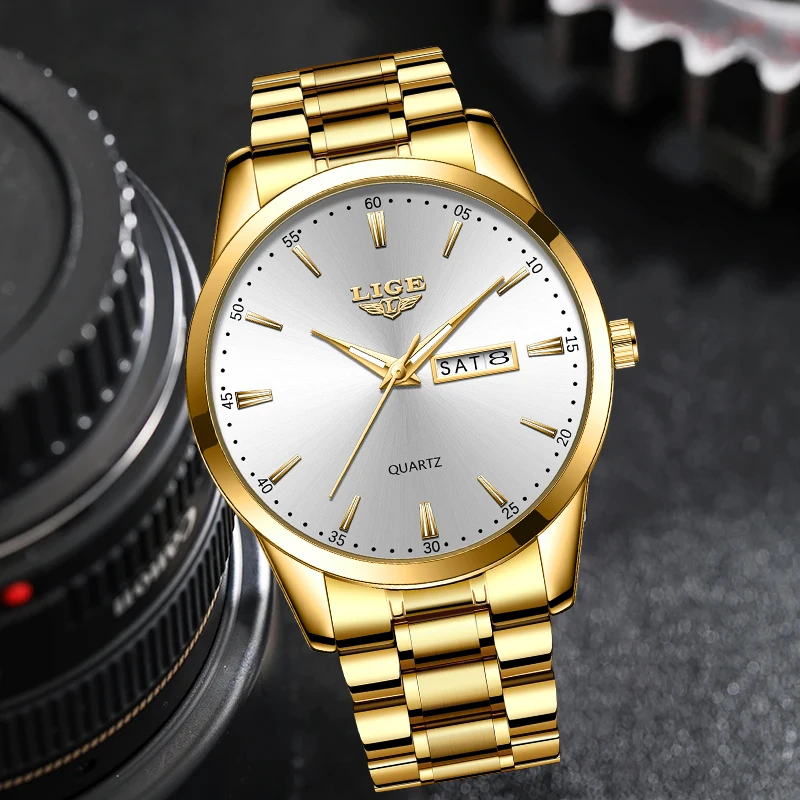 LIGE Classic Business Man Watch Luxury Casual Simple Calendar Week Stainless Steel Clocks Life Waterproof Quartz Watches for Men