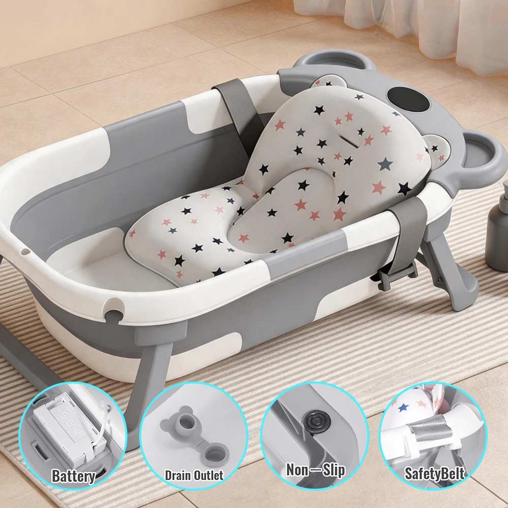 Baignoire pliable pour bébé avec capteur de température intelligent en temps réel et tapis de bain à soutien doux, baignoire portable pliable pour nouveau-nés de 0 à 36 mois, lavabo antidérapant et