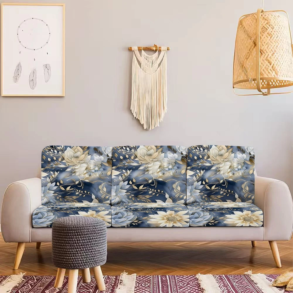 Summer Water Lily Floral Printed Outdoor Sofa Cover, Milk Silk Fabric, Elastic Fit, Pet - Friendly, Washabl