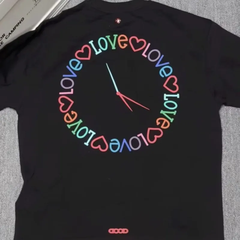 Summer Men Women Black GOODBRAND Tshirts Colorful Foam Letter Heart Clock Pattern Round Neck Tops Breathable Cotton Short Sleeve