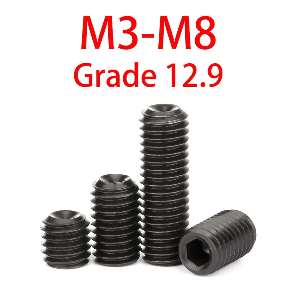 Grade 12.9 Alloy Steel Hexagon Socket Headless Cup Point Set Screws M3 M4 M5 M6 M8 Allen Head End Grub Screw Jimi Top Wire Screw