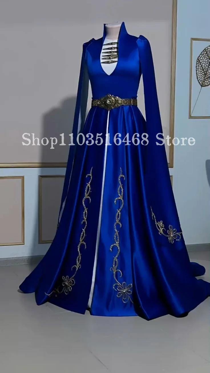 Royal Blue Ethnic Wedding Dress Long Sleeve Plate Luxury Embroidered High Neck Muslim Caucasian Custom Robe فساتين سهرة