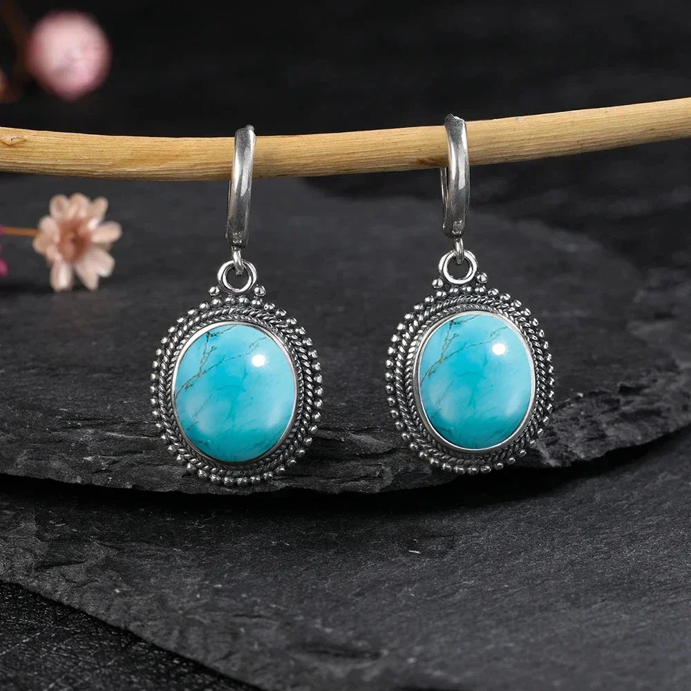 925 Sterling Silver Earrings Vintage Oval Kyanite Women\'s Gemstone Fine Jewelry Party Engagement Gift Hoop Earrings