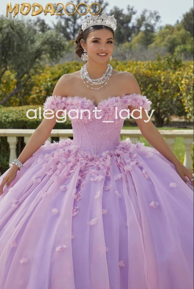 Lilac Pink Exposed Boning Quinceanera Dresses Off Shoulder Corset Floral Appliques Crystal vestidos de 15 años color lilac