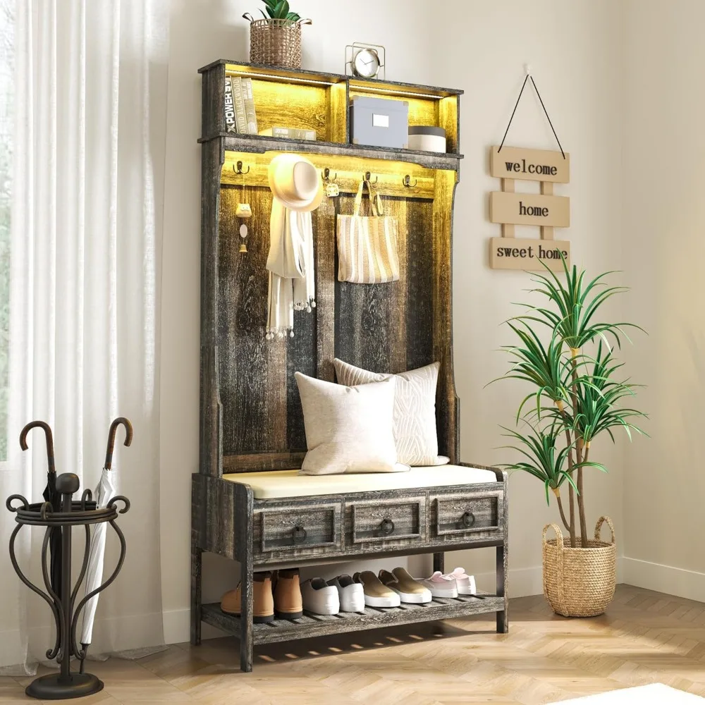 

67” Farmhouse Hall Tree with Shoe Storage, Auto Sensor Wood Coat Tree with LED Lights, 3-in-1 Entryway Bench with Coat Ra