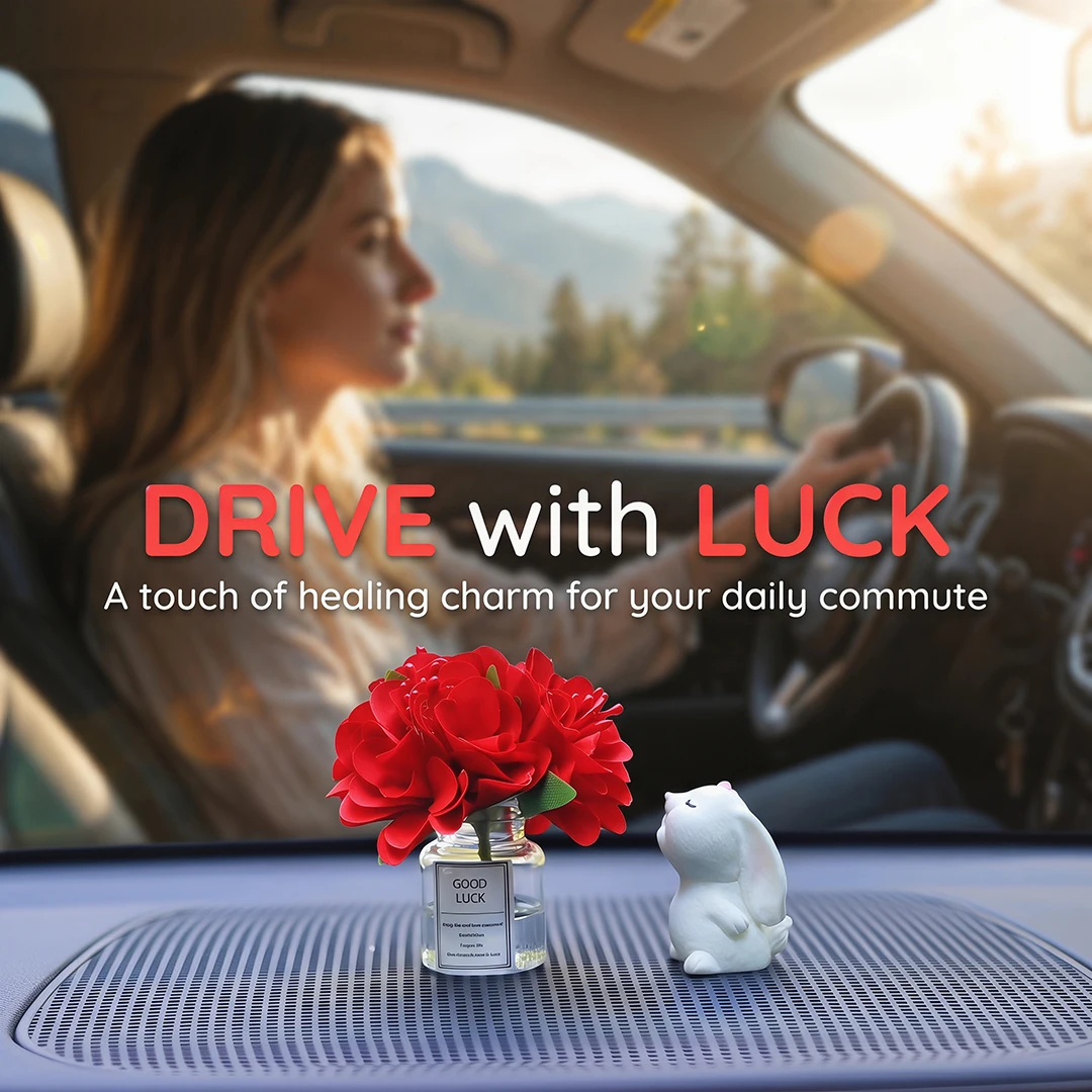 Cute Car Dashboard Decor INS Style Bunny Figurine with Fake Carnation Flowers Vase Ornaments For Women Car Interior Accessories