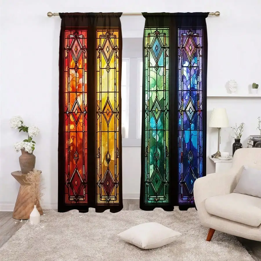 2pcs 2D Retro Colorful Flat Curtains - Blackout Polyester Fabric Curtains, Bright Floral & Geometric Pattern Curtains