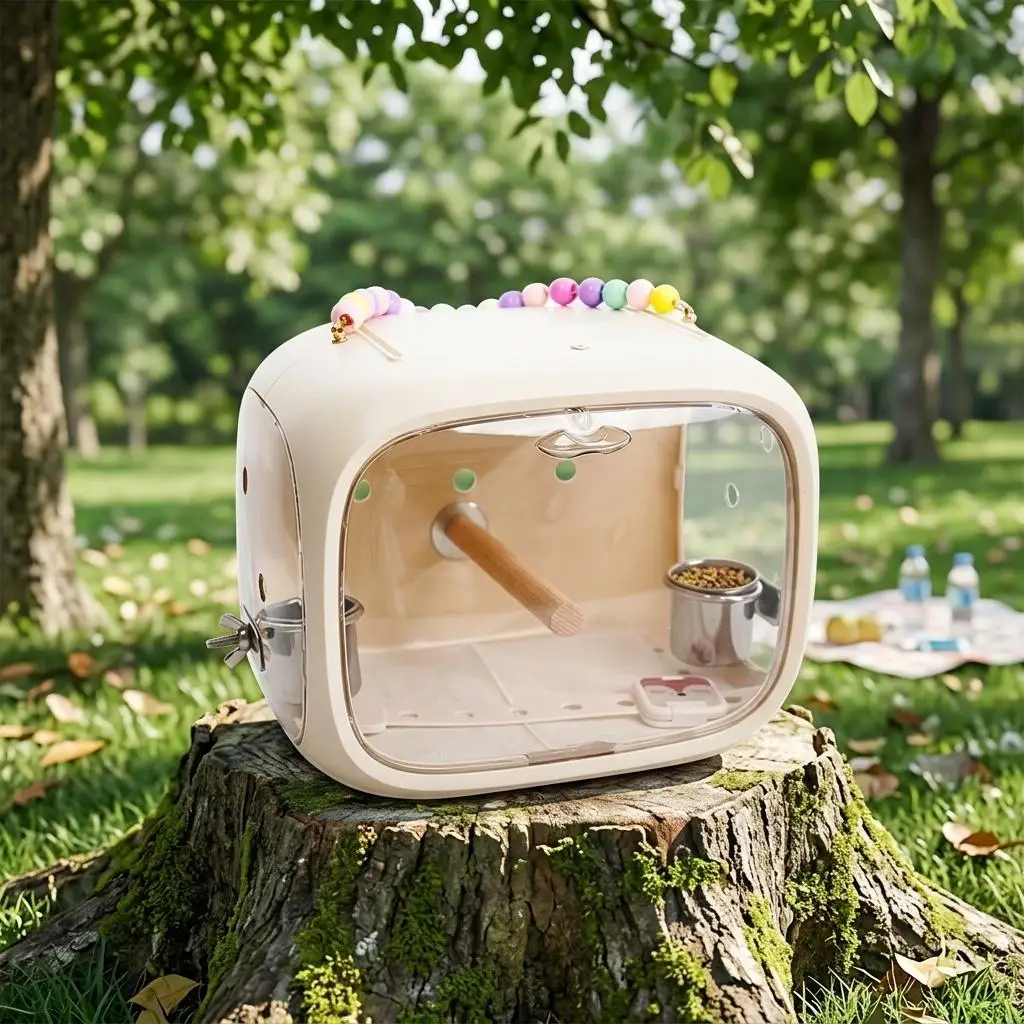 Portable Clear Acrylic Bird Travel Cage for Parrots with ABS Plastic Base and Top Handle
