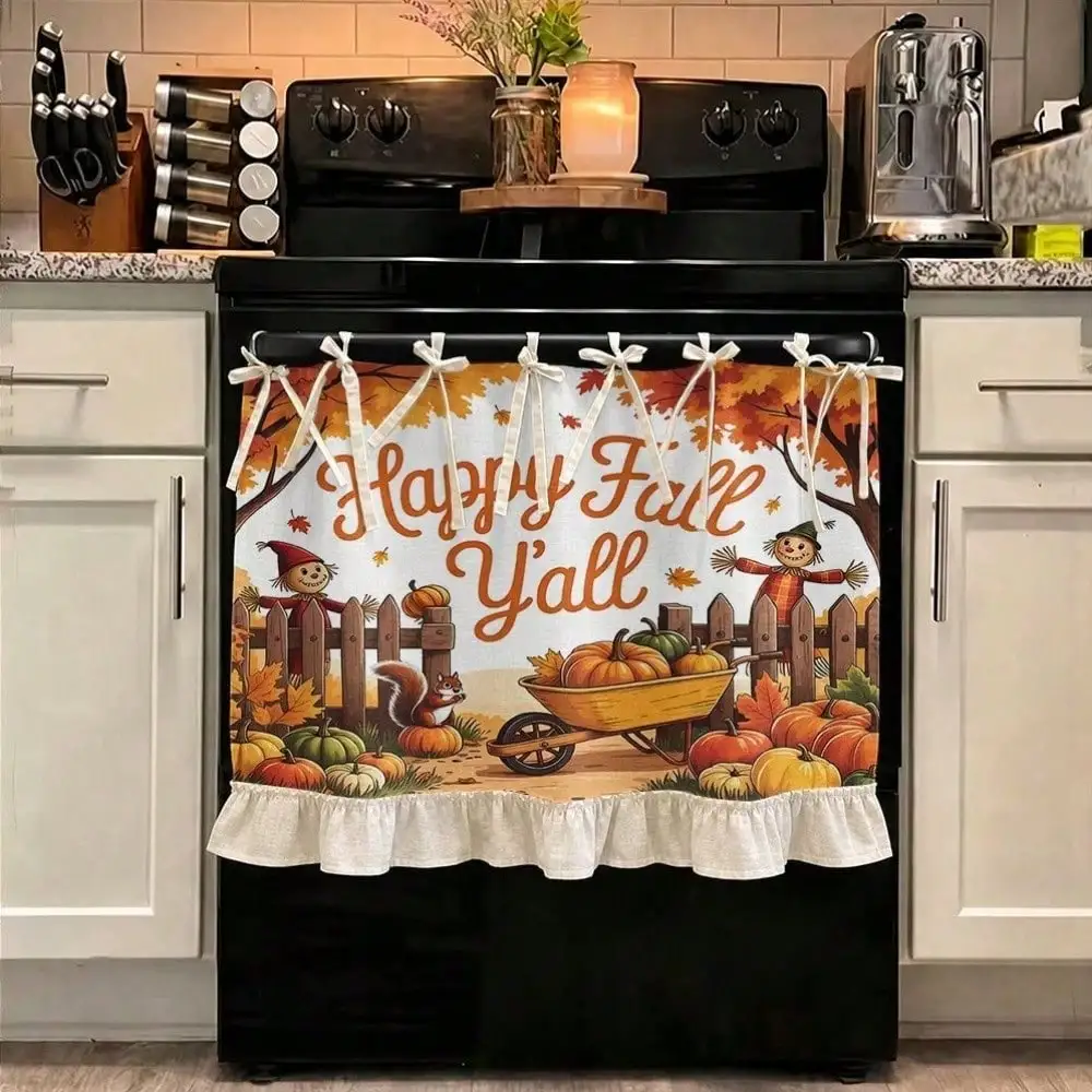 2D Autumn Harvest Style Kitchen Decoration, Multi-function Oven Protective Cover, Happy Fall Y'All Scarecrow Pumpkin Trolley Pattern, Polyester Lotus Leaf Edge Strap, Home Kitchen Appliance Cover, Autumn Kitchen Apron