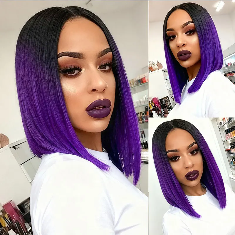 European and American wig headgear gradient, split straight, high temperature, silk purple-Synthetic fiber wig