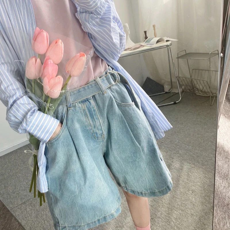 

Jeans Men's Shorts Summer New Loose Wide Leg Knee Length Pants With Belt 2022 Fashion New Vintage Denim Bottoms 2Y7234