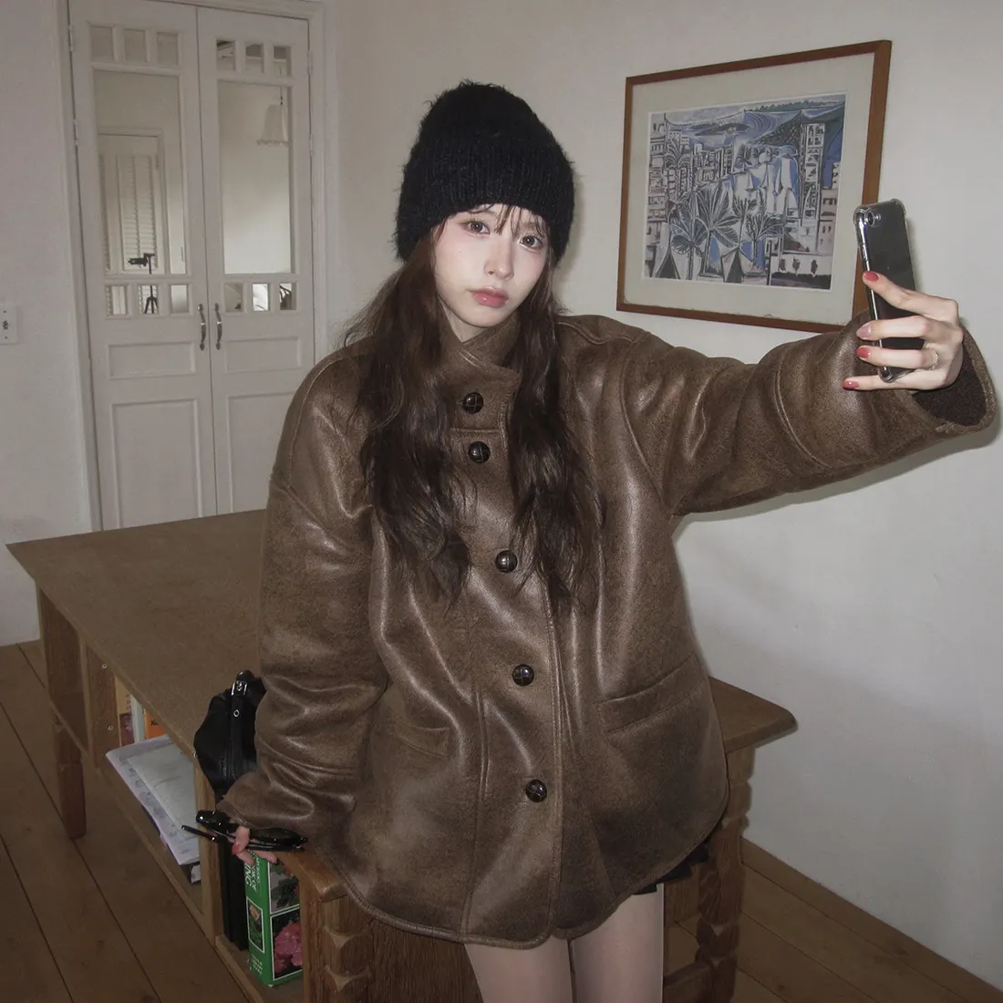 Mujer Otoño Invierno nuevo Sle Chic piel de cordero gamuza Biker Jaet abrigo cálido largo Sve longitud Regular otro Material 00%