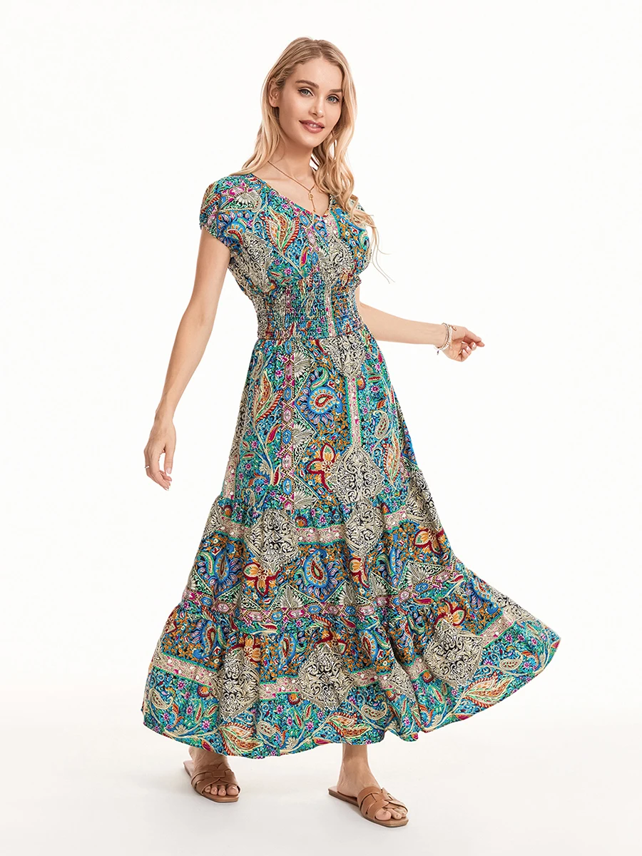 Wsevypo-Robe longue de style boho pour femmes, vintage, imprimé floral géométrique, manches courtes, col en V, taille haute, ourlet fluide, robe de plage, été