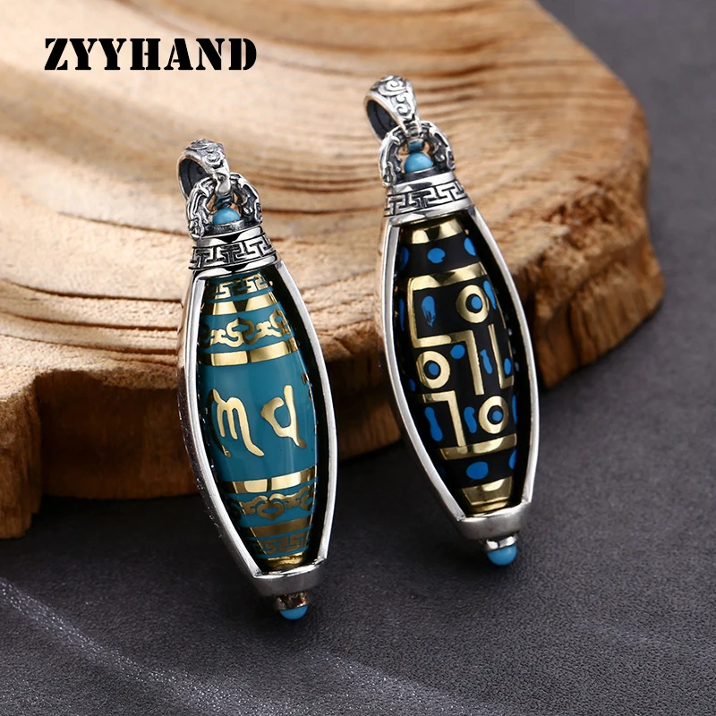 S925 Sterling Silver Pendant Nine Eyed Celestial Beads Natural Turquoise Six Words RotatableUnisex Fine Jewelry FYNE269