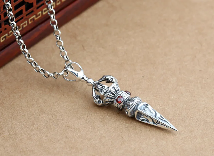 S925 sterling silver ornament vintage Thai silver men's and women's fashionable triangle with gem Vajra Dharma-vessel pendant