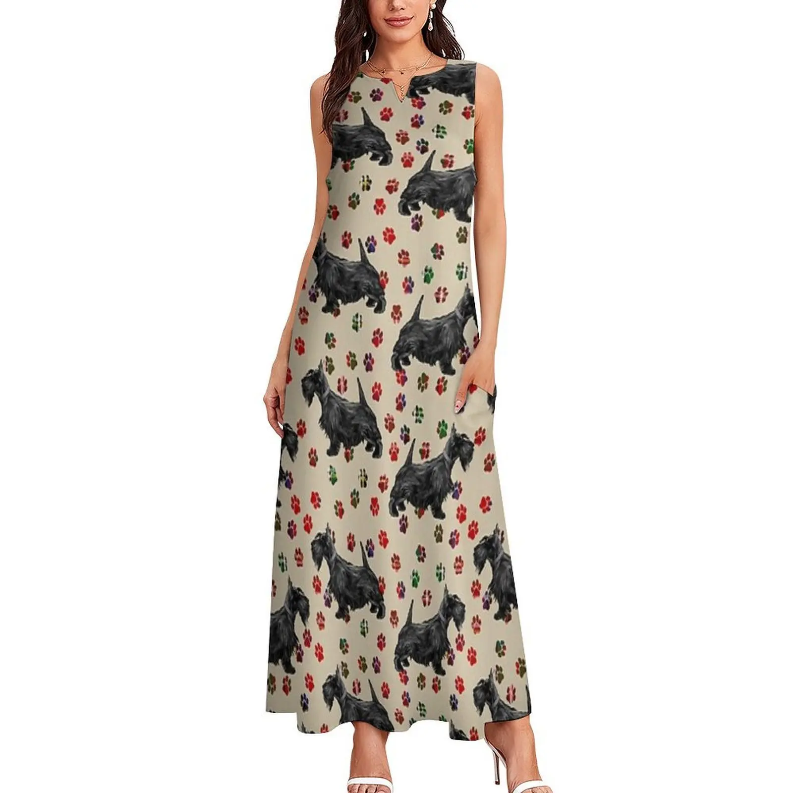 Perro Scottie con estampado de patas de tartán escocés. Vestido largo vestidos de noche de lujo para mujer 2025 vestido de noche para mujer