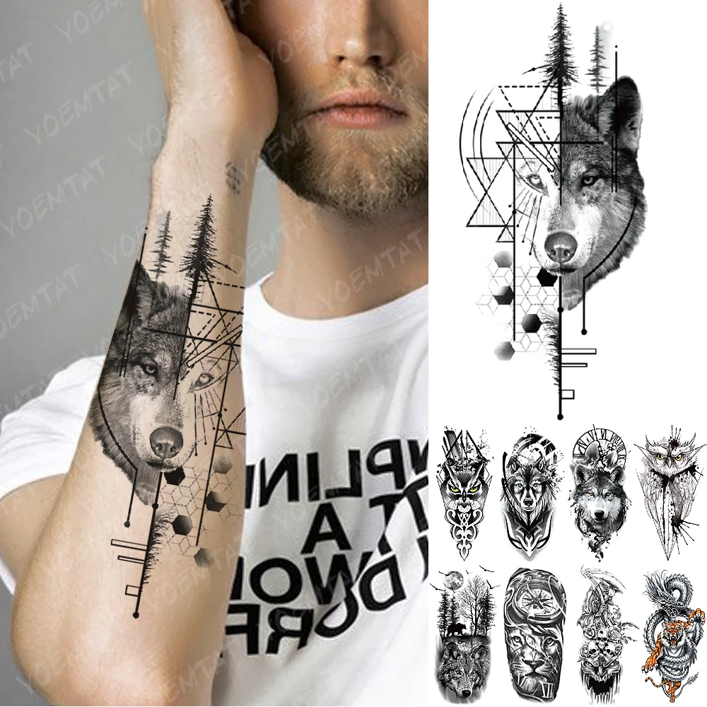 Lobo Wolf Waterproof temporary tattoo stickers wise tiger Forest Linear Geometric Animal Fake Tatu Arm  Leg Men Women Tatoo Kids