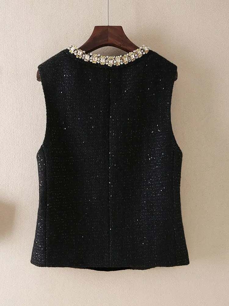 Retro Woolen Vest Spring Autumn Women's Handmade Bead Chain Crew Neck Slim Korean Top Jacket
