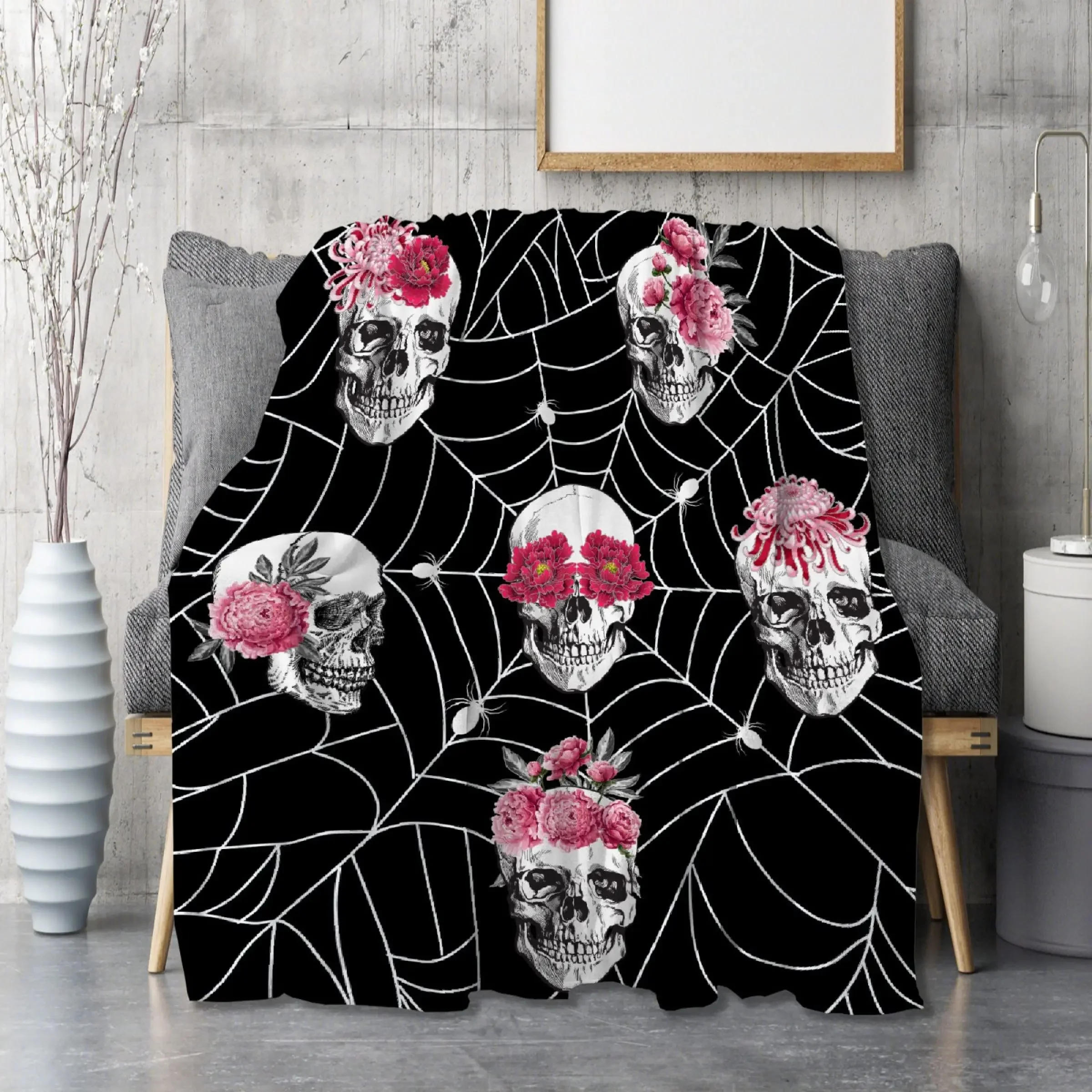 Halloween Skeleton Black Spider Web Throw Blanket,Soft Warm Cozy Lightweight Quilt for Sofa Travel Gifts for Boy Girl Men Women