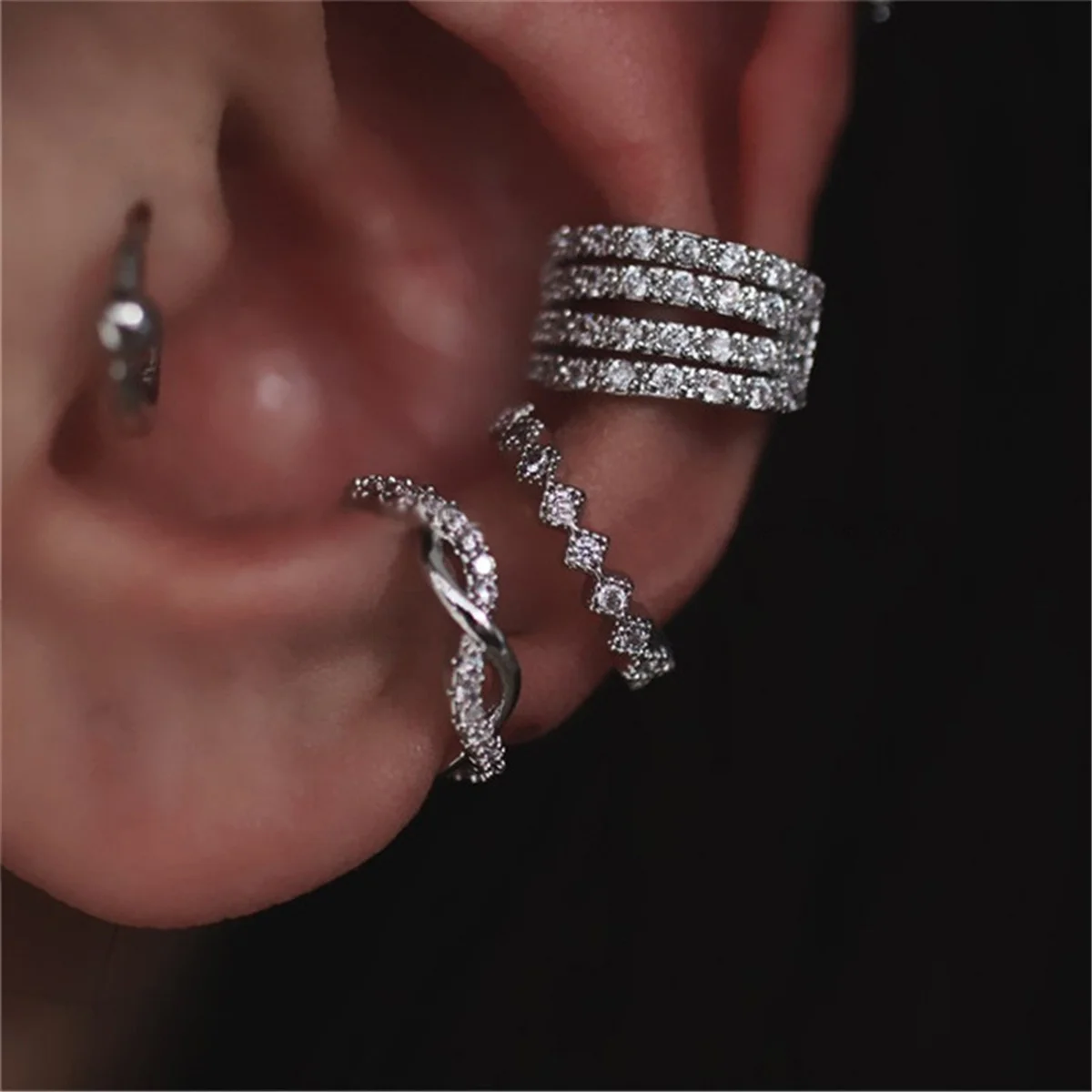 4Pcs/set Creative Silver Color Zirconia Clip on Earrings for Women Geometric Ear Cuff Without Piercing Girl Jewelry