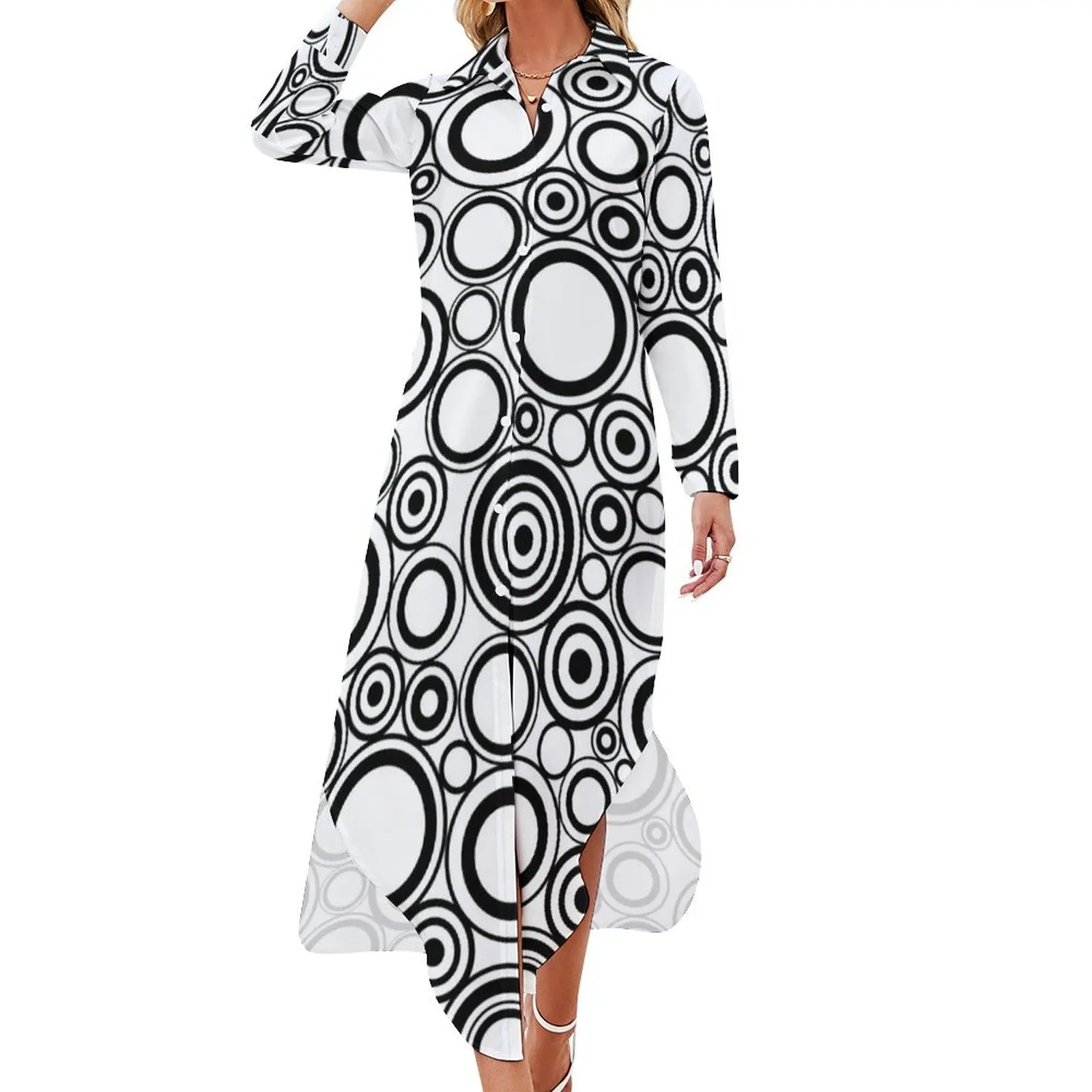 

Two Tone Circles Pattern Long Sleeved Shirt Dress long sleeve dresses sensual sexy dress for women