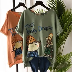 2021 Summer New Plus Size T-shirt Women Short-sleeved Loose Casual Cartoon Printing Front Short and Long Back Graphic Tees
