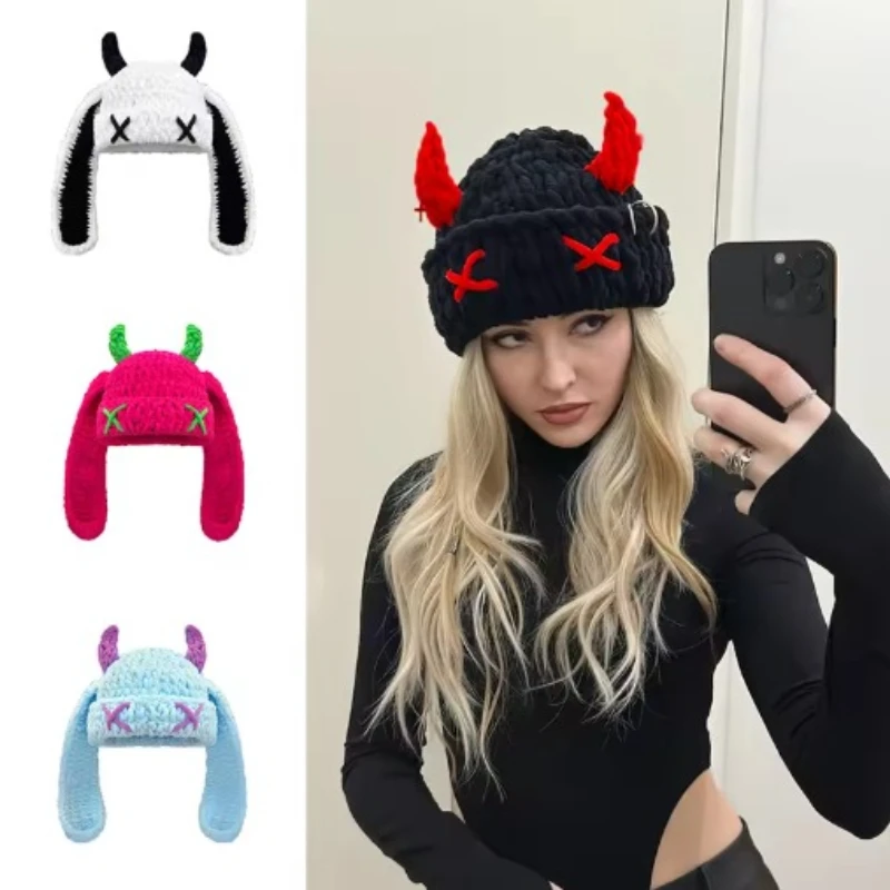 1pcs Cute and Funny Little Devil Long Ear Knitted Hat Autumn and Winter Wool Hat Warmth Ear Protection Handmade Cow Horn Hat