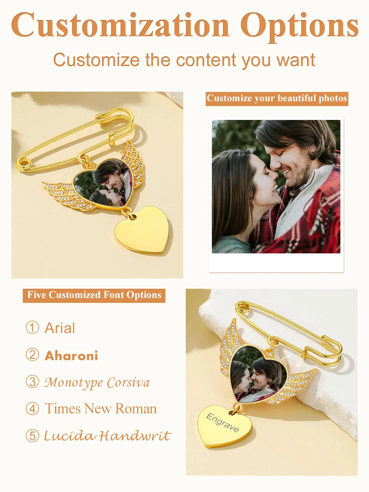 U7 buquê de casamento personalizado, broches fotográficos a +++ cz, asas de anjo, coração e foto redonda, pingente de texto, pino funerário, joia memorial, presente