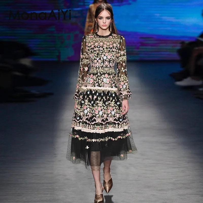 

MonaAiYi 2023 New Fashion Runway Designer Women's Perspective Lantern Long Sleeve Full Body Embroidery Dress