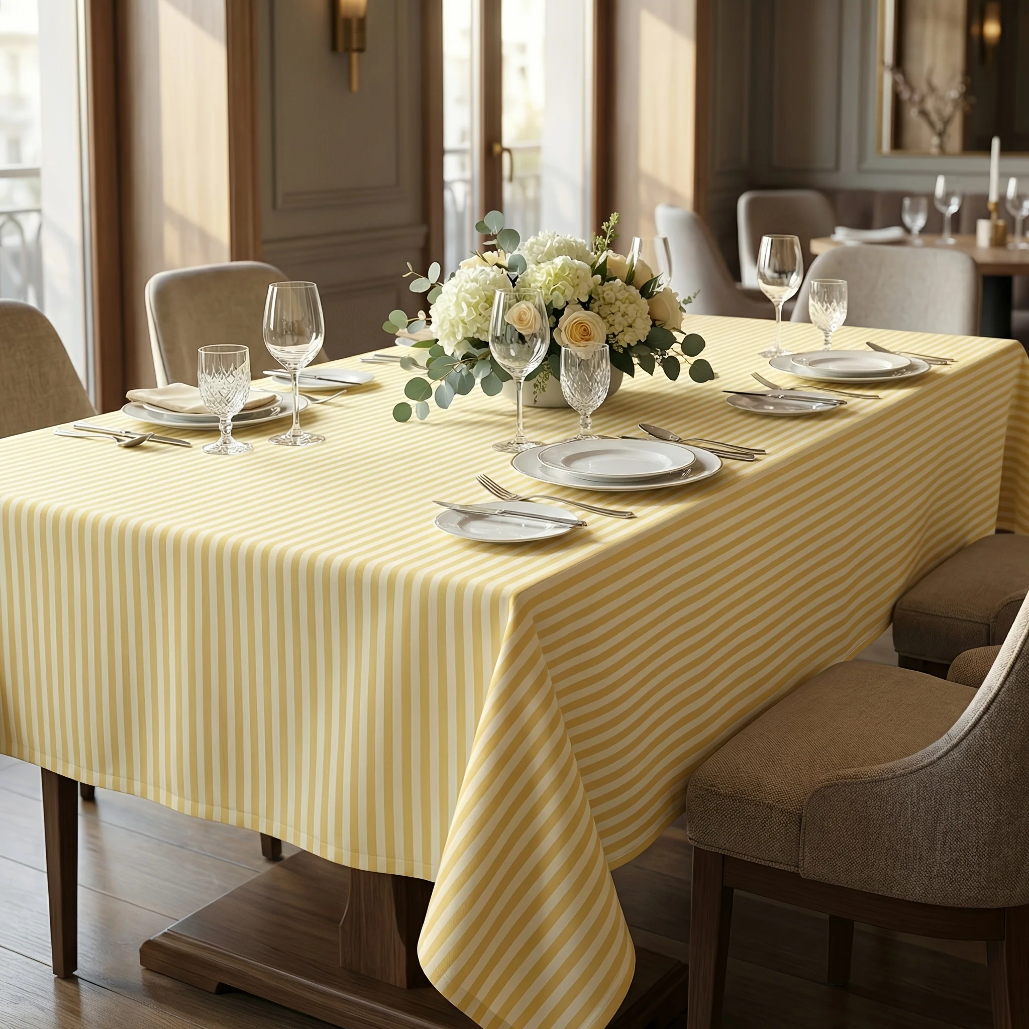 One rectangular checkered style tablecloth in light yellow color, made of durable polyester fabric.
