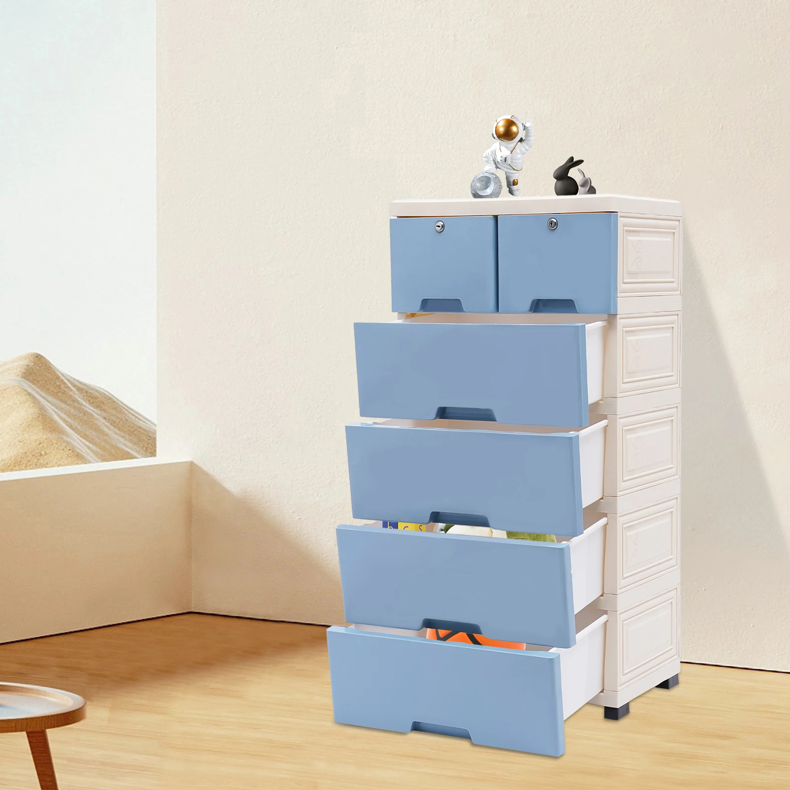 6 Drawers Dresser Vertical Cupboard Cabinet Storage with 4 Wheels Locker Keys for Closets Bedrooms Nurseries Playrooms Office