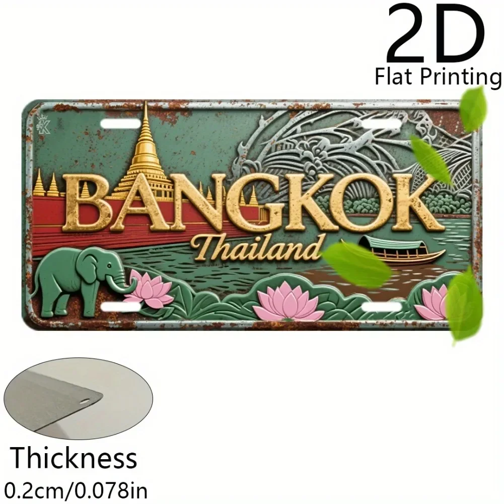 HD Tin Sign, Vintage Bangkok Thailand License Plate Metal Wall Art, Retro Southeast Asia Travel Decor for Bar Man Cave, Asian Ci